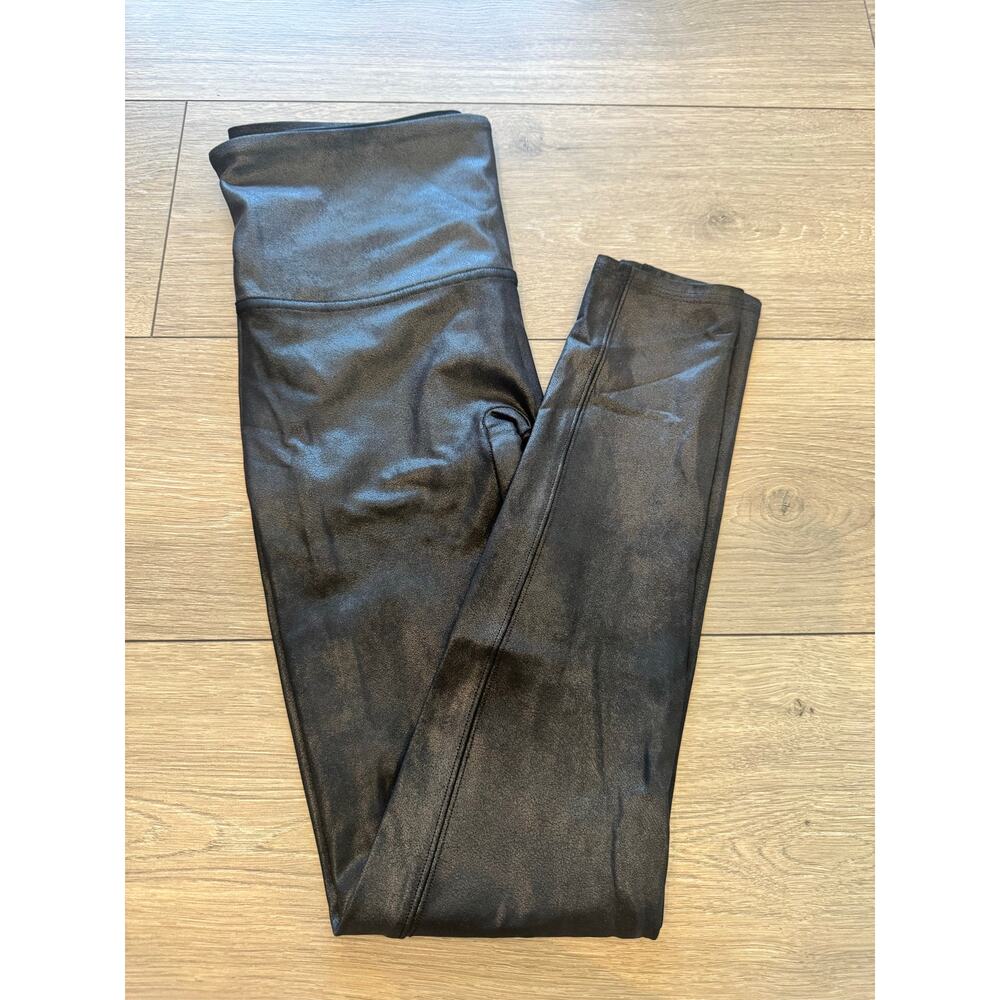 SPANX Faux Leather Leggings Black Size Large High Rise Slim Fit 27 Inseam